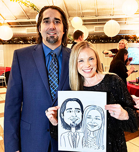Caricature of a couple drawn at a wedding